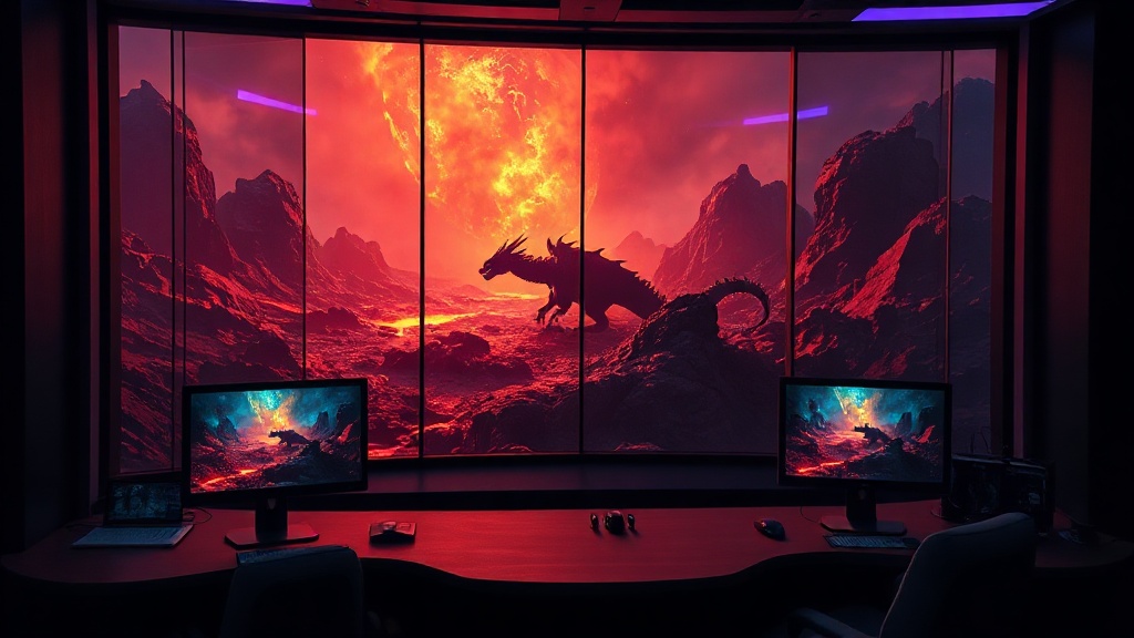 Fantasy news control room overlooking a glowing realm