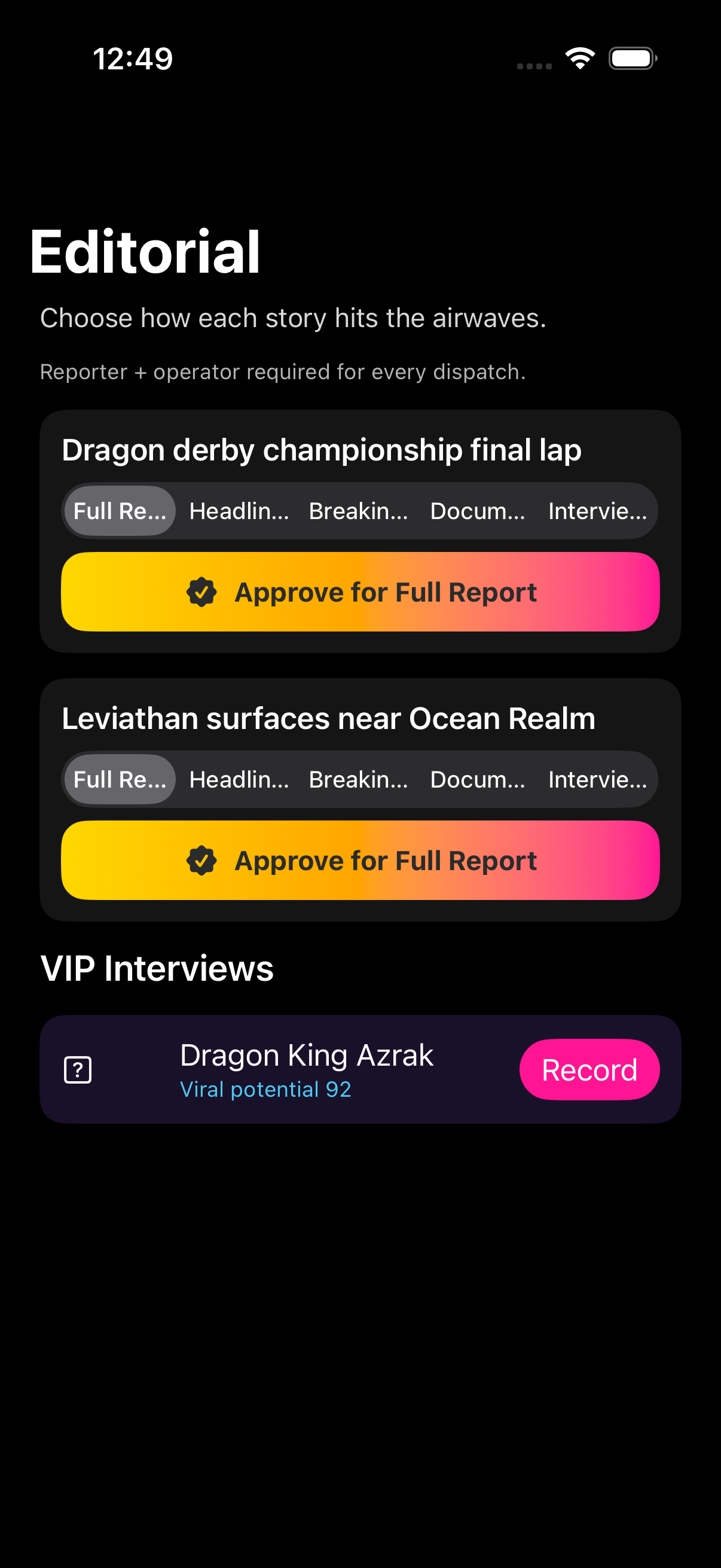Editorial screen